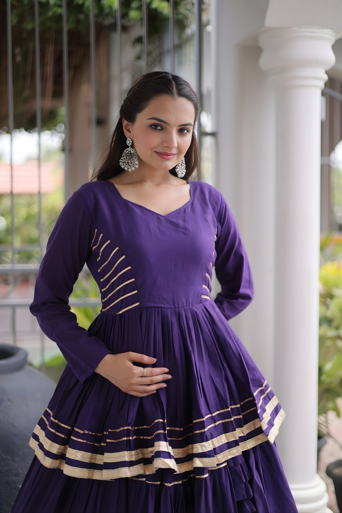 Stylish Purple Cotton Designer Lehenga Choli with Layered Flared Skirt for Navratri