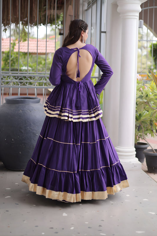Stylish Purple Cotton Designer Lehenga Choli with Layered Flared Skirt for Navratri