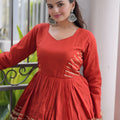 Impressive Rust Orange Cotton Designer Lehenga Choli with Layered Flared Skirt for Navratri