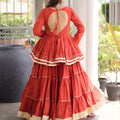 Impressive Rust Orange Cotton Designer Lehenga Choli with Layered Flared Skirt for Navratri