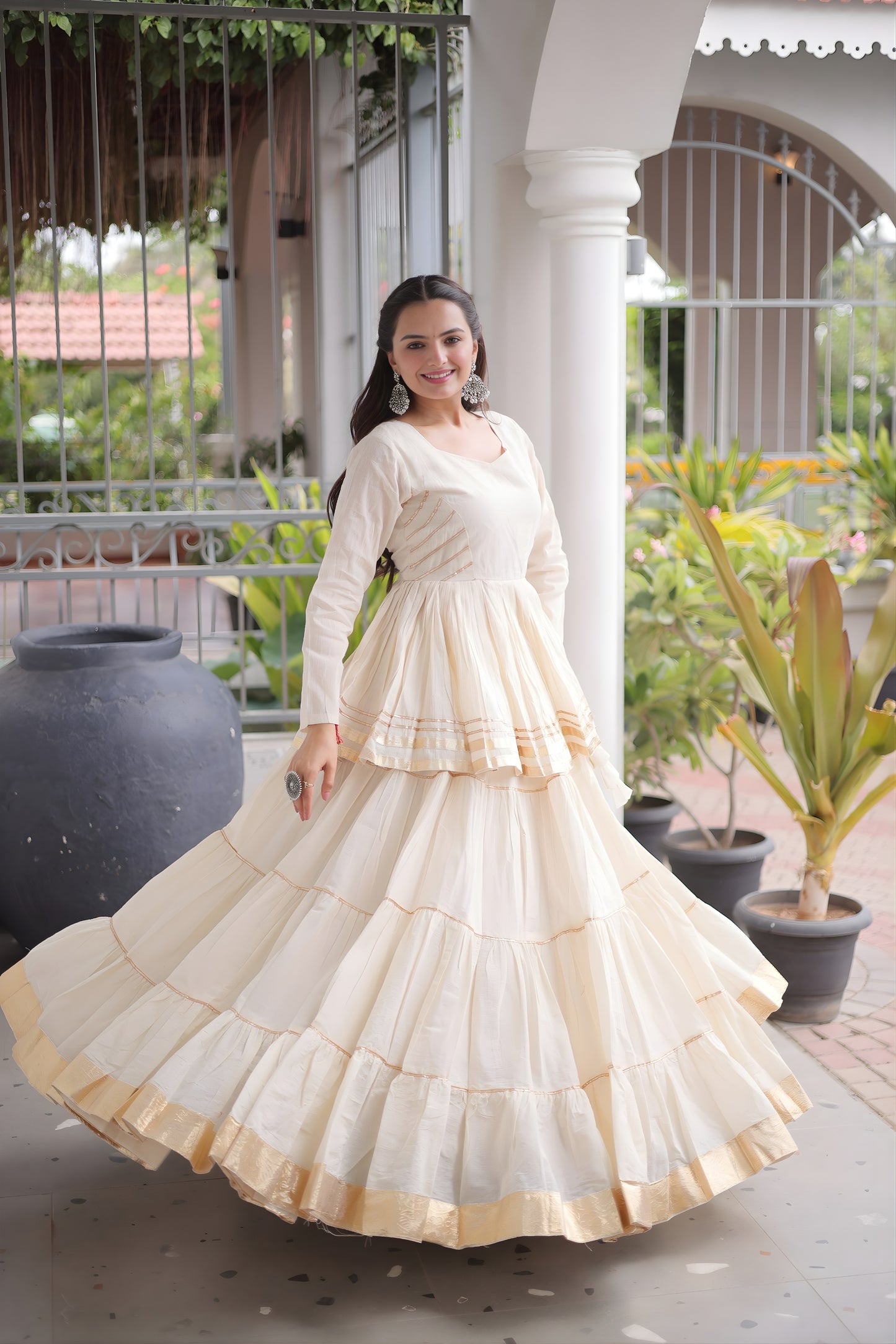 Charming Off White Cotton Designer Lehenga Choli with Layered Flared Skirt for Navratri