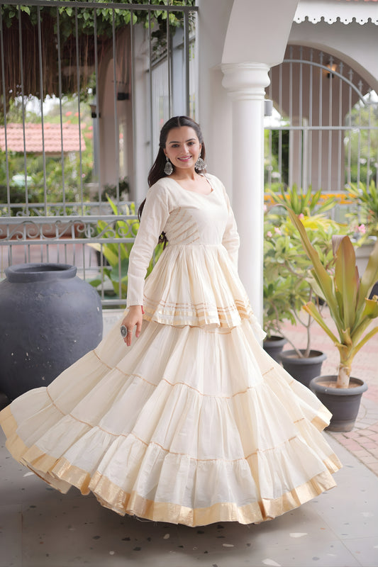 Charming Off White Cotton Designer Lehenga Choli with Layered Flared Skirt for Navratri
