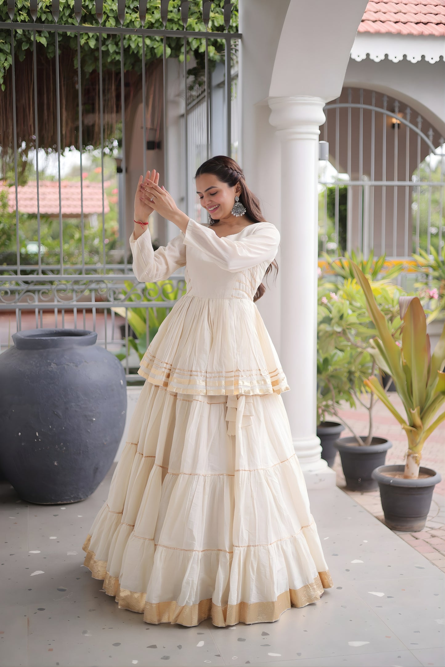 Charming Off White Cotton Designer Lehenga Choli with Layered Flared Skirt for Navratri