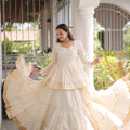 Charming Off White Cotton Designer Lehenga Choli with Layered Flared Skirt for Navratri