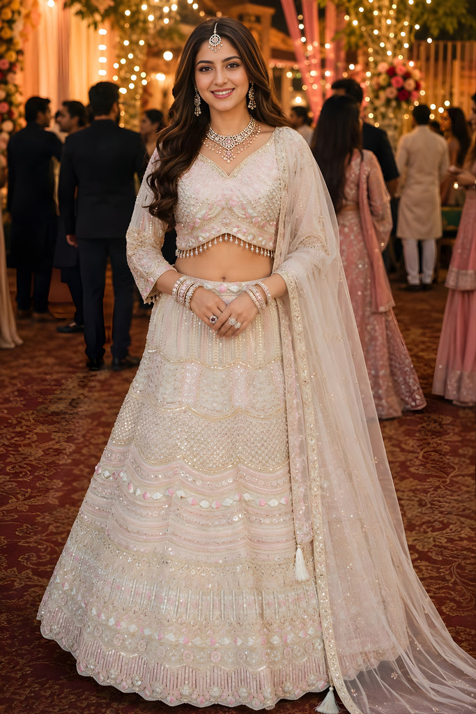 Elegant Off White Designer Net Lehenga Choli with Embroidery Work and Matching Dupatta