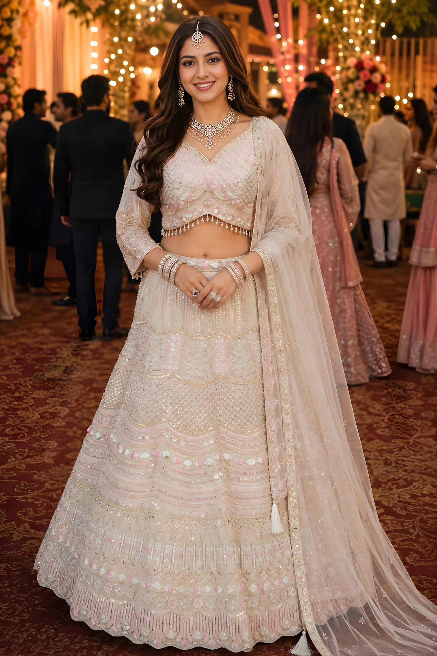 Elegant Off White Designer Net Lehenga Choli with Embroidery Work and Matching Dupatta