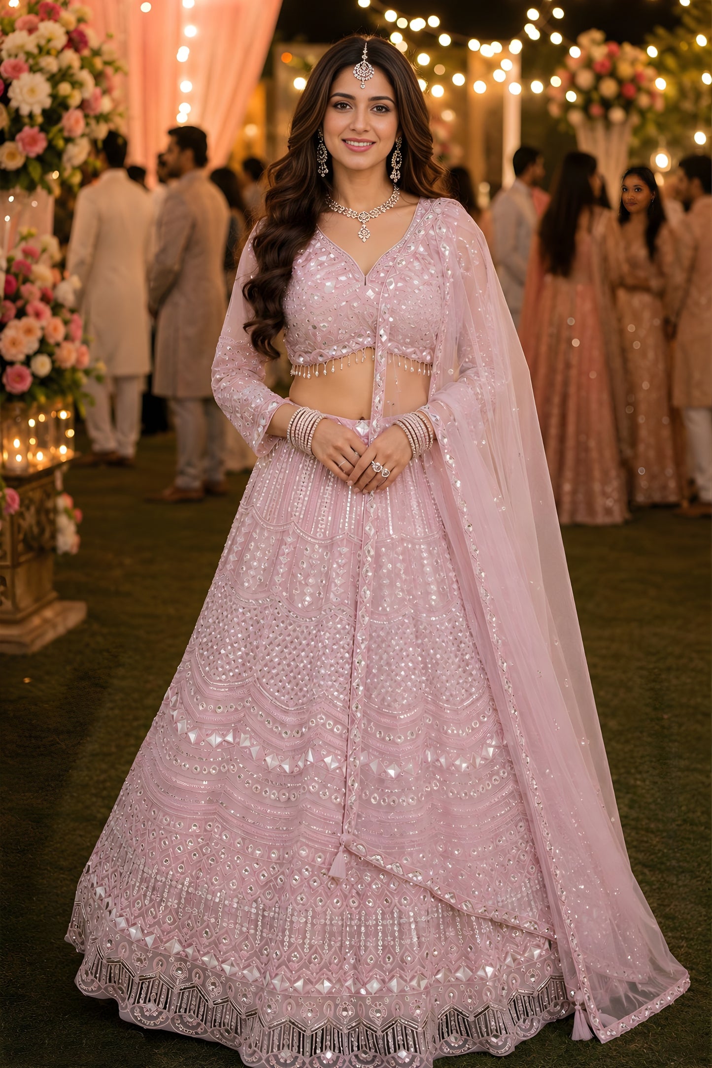 Stunning Pink Designer Net Lehenga Choli with Heavy Embroidery Work and Matching Dupatta
