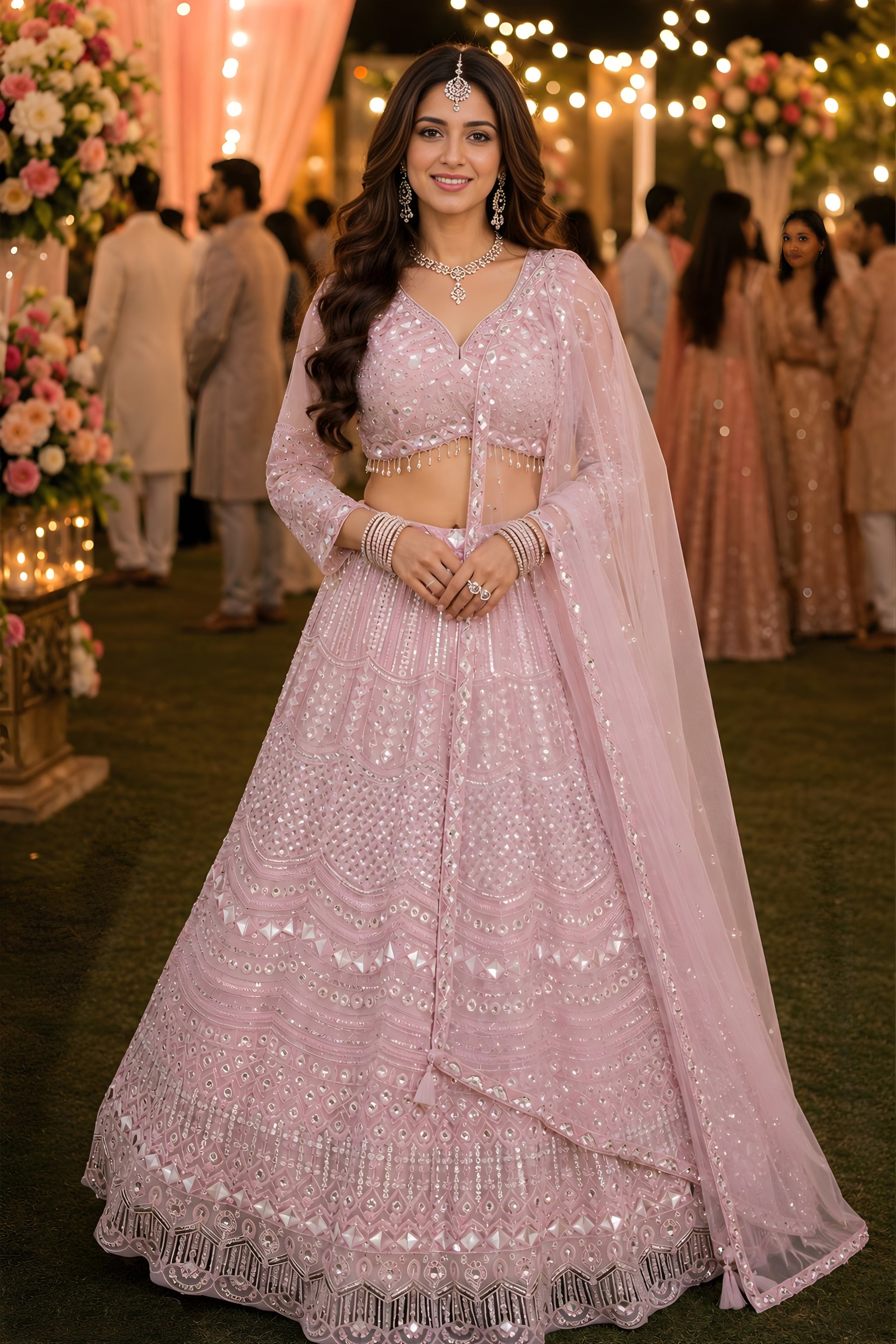 Stunning Pink Designer Net Lehenga Choli with Heavy Embroidery Work and Matching Dupatta