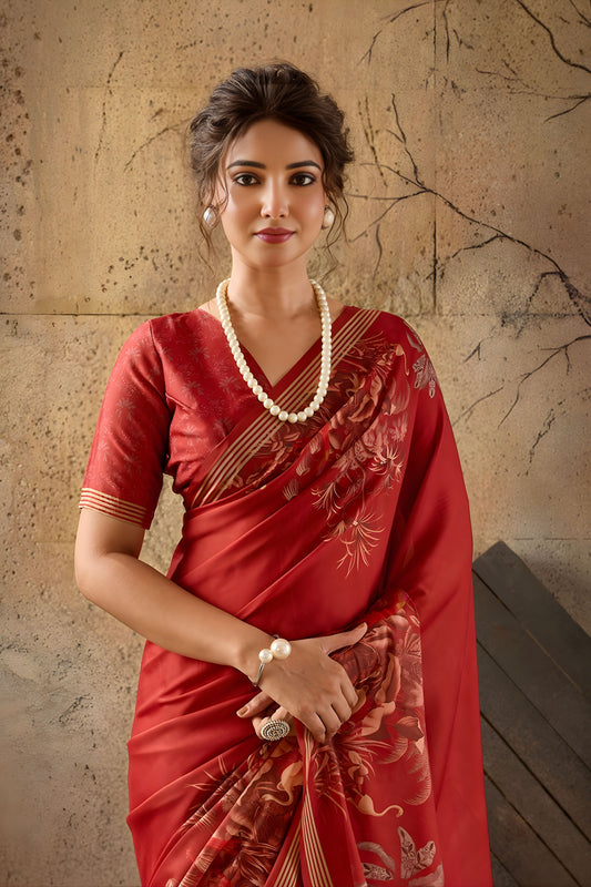 Elegant Red Georgette  Digital Print Designer Saree for Wedding