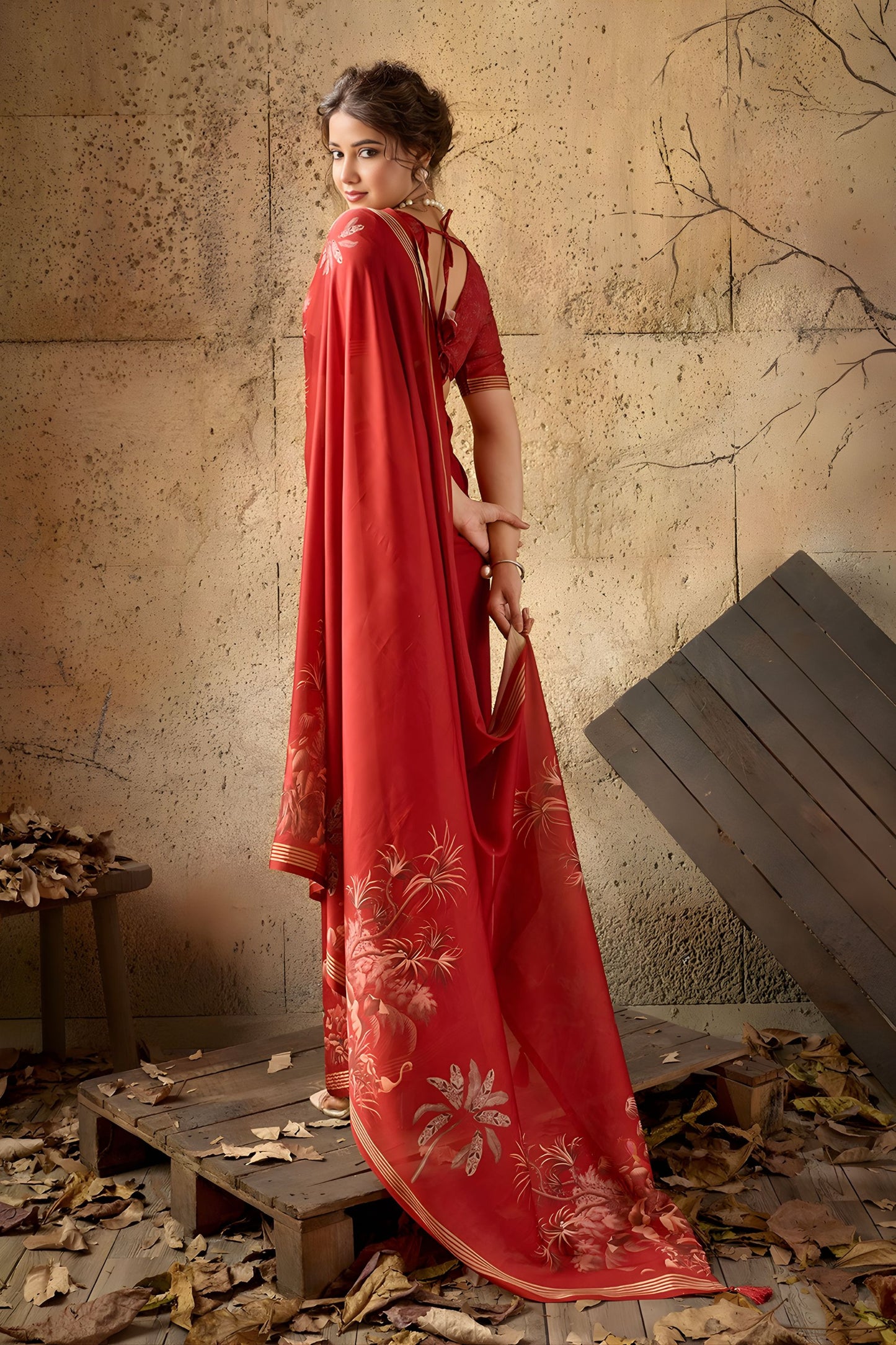 Elegant Red Georgette Satin Silk Digital Print Designer Saree for Wedding