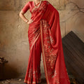 Elegant Red Georgette Satin Silk Digital Print Designer Saree for Wedding