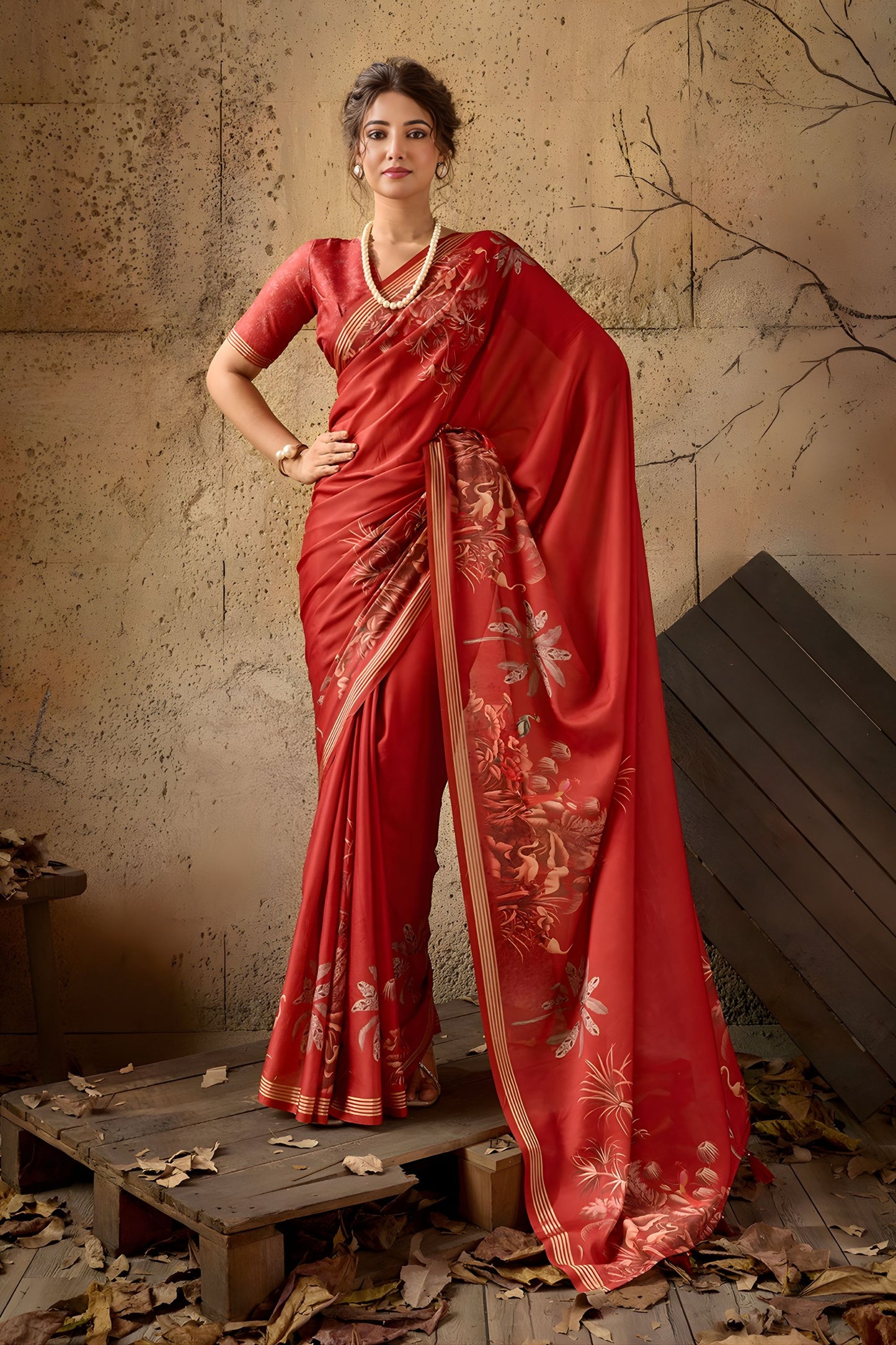 Elegant Red Georgette Satin Silk Digital Print Designer Saree for Wedding