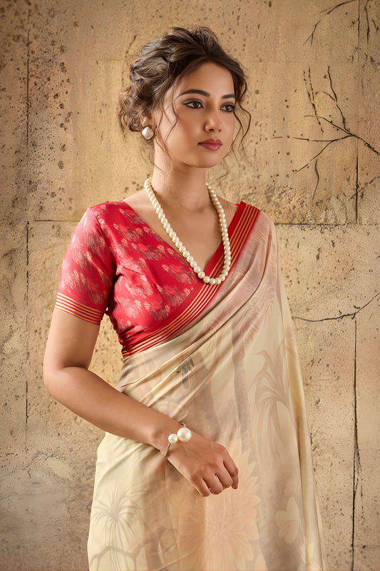 Stylish Beige Georgette Digital Print Designer Saree for Wedding