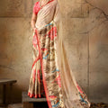 Stylish Beige Georgette Satin Silk Digital Print Designer Saree for Wedding
