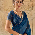 Royal Blue Georgette Satin Silk Digital Print Designer Saree for Wedding
