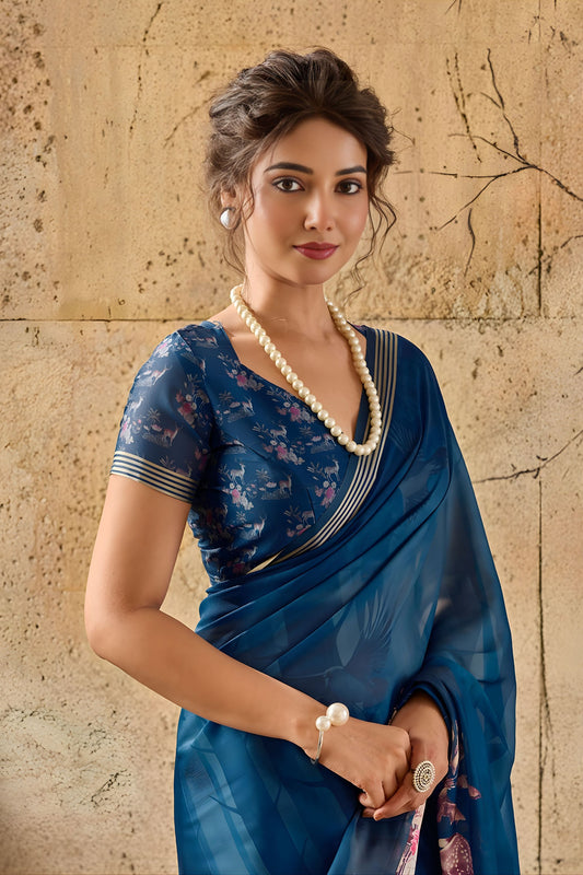 Royal Blue Georgette Digital Print Designer Saree for Wedding
