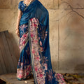 Royal Blue Georgette Satin Silk Digital Print Designer Saree for Wedding