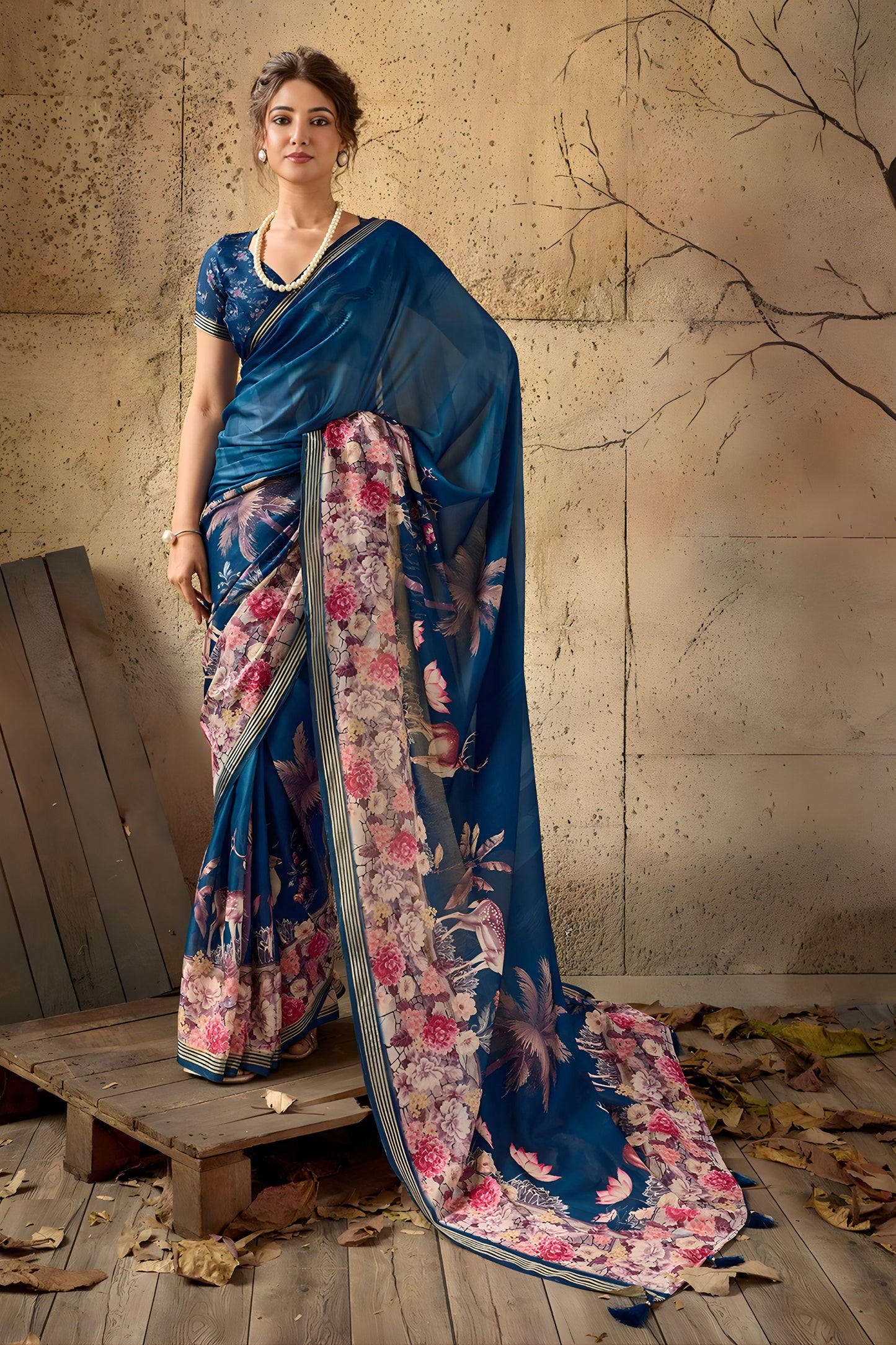 Royal Blue Georgette Satin Silk Digital Print Designer Saree for Wedding