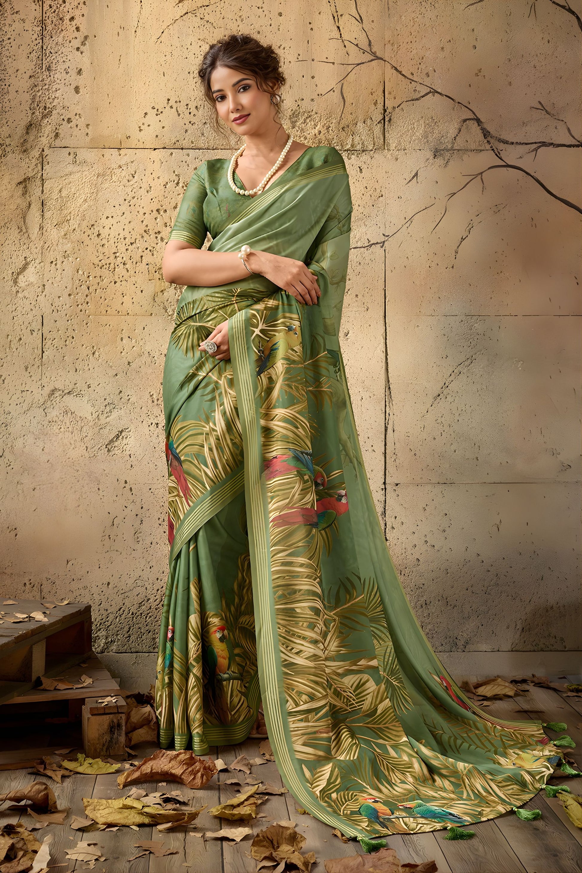 Stylish Olive Green Georgette Digital Print Designer Saree for Wedding