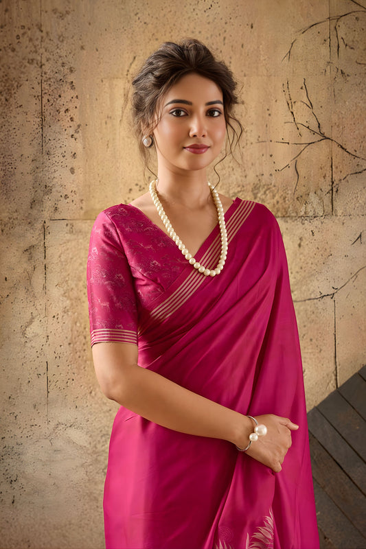 Beautiful Rani Pink Georgette Digital Print Designer Saree for Wedding
