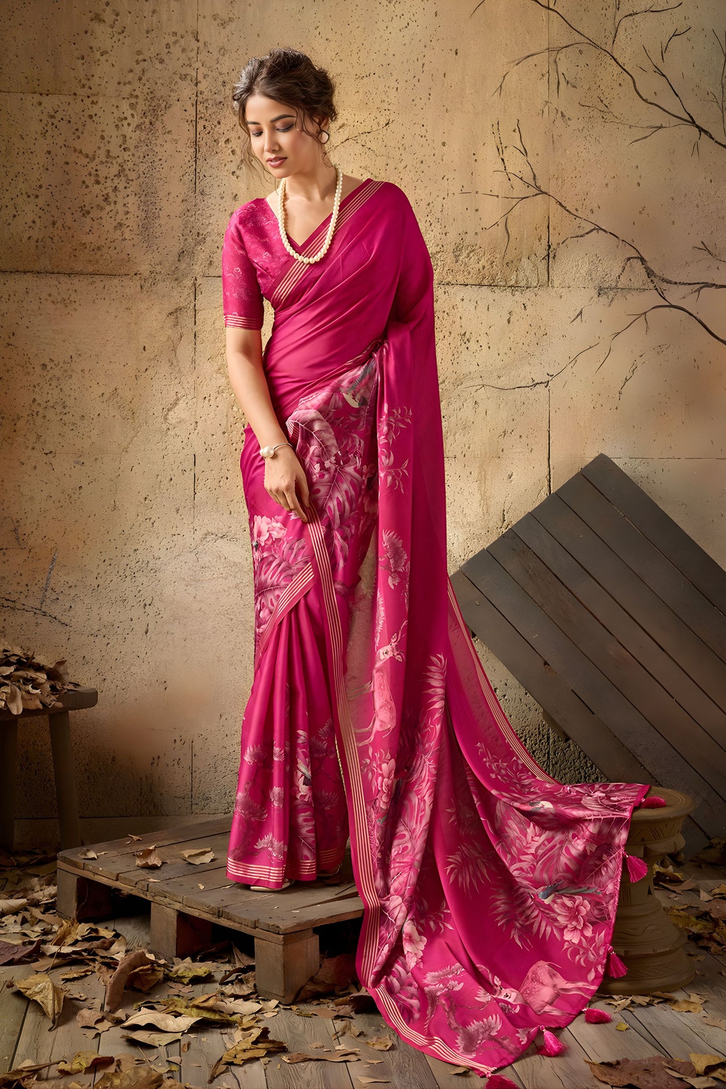 Beautiful Rani Pink Georgette Digital Print Designer Saree for Wedding