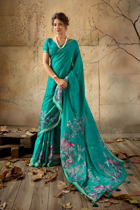 Graceful Teal Green Georgette Digital Print Designer Saree for Wedding