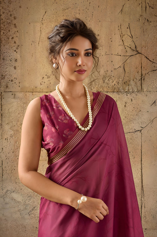 Beautiful Wine Georgette Digital Print Designer Saree for Wedding