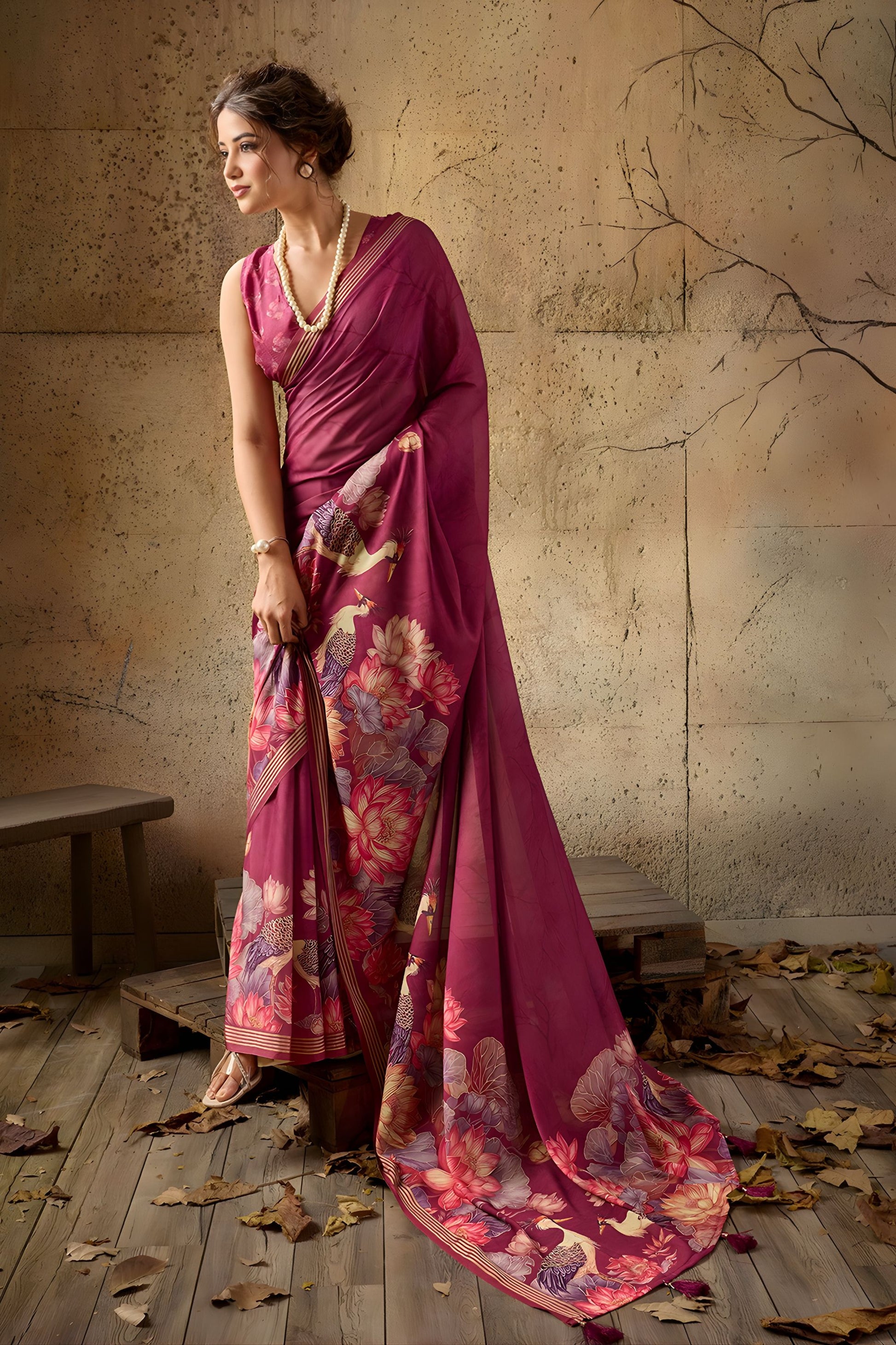 Beautiful Wine Georgette Digital Print Designer Saree for Wedding