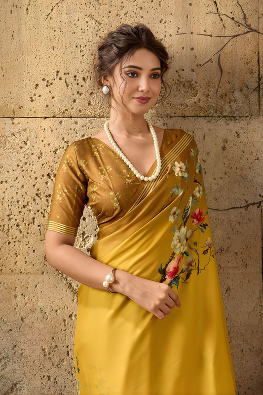 Stylish Mustard Yellow Georgette Digital Print Designer Saree for Wedding