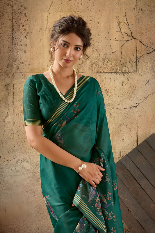 Royal Emerald Green Georgette Digital Print Designer Saree for Wedding