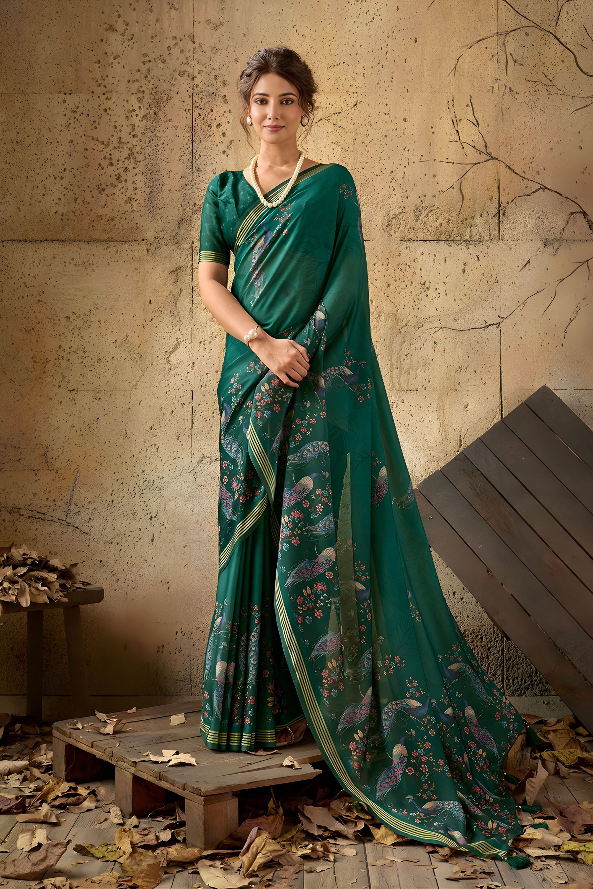 Royal Emerald Green Georgette Digital Print Designer Saree for Wedding