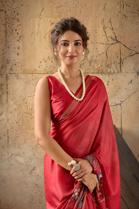 Vibrant Red Georgette Digital Print Designer Saree for Wedding