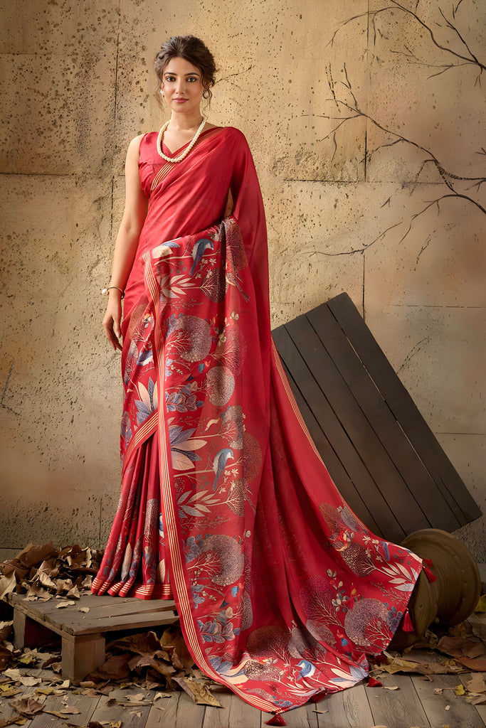 Vibrant Red Georgette Digital Print Designer Saree for Wedding