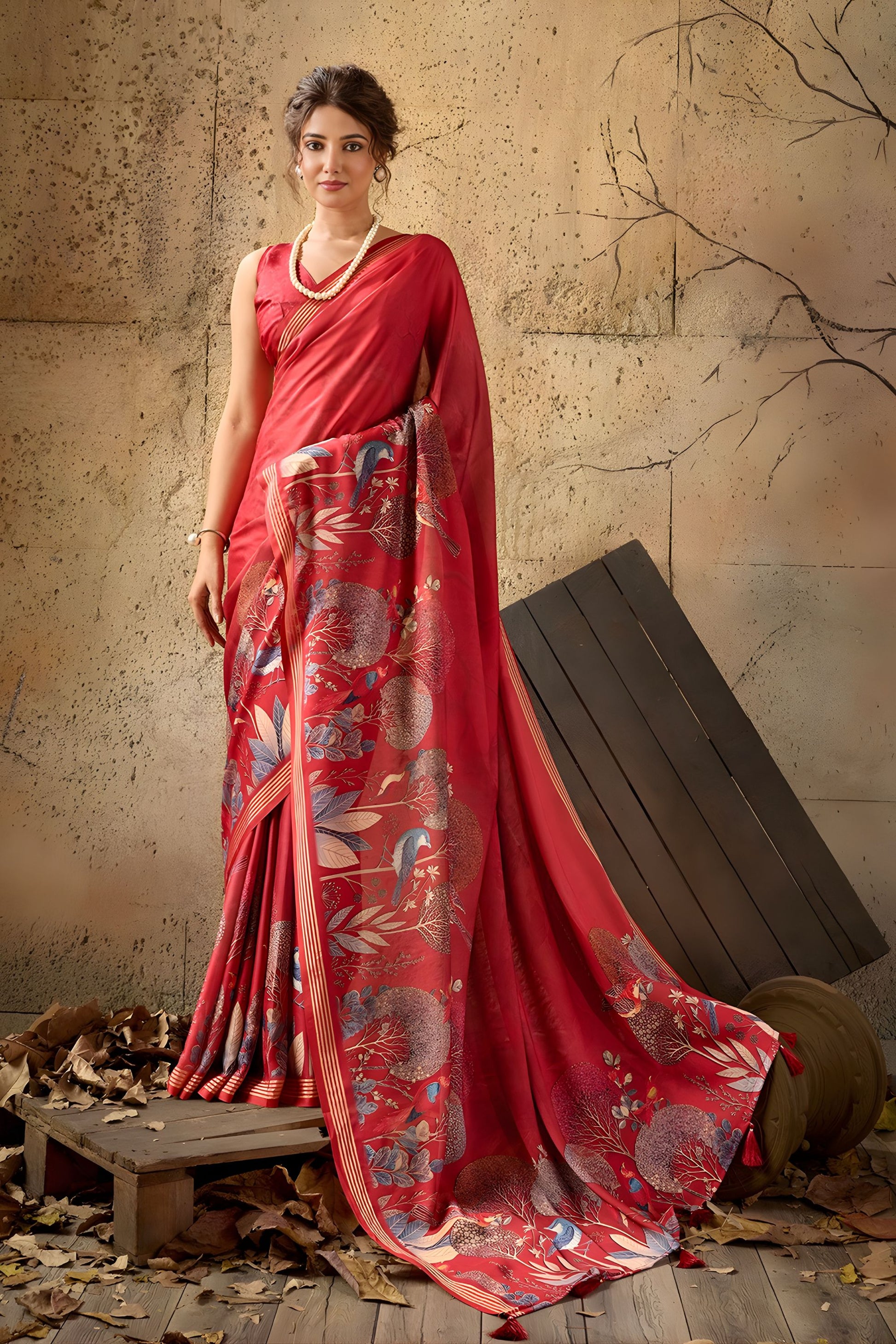 Vibrant Red Georgette Digital Print Designer Saree for Wedding