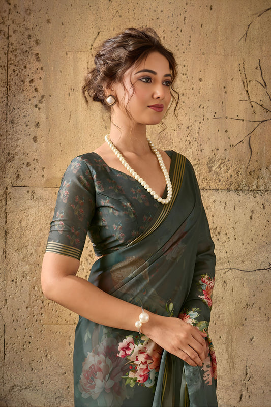 Lovely Olive Green Georgette Digital Print Designer Saree for Wedding