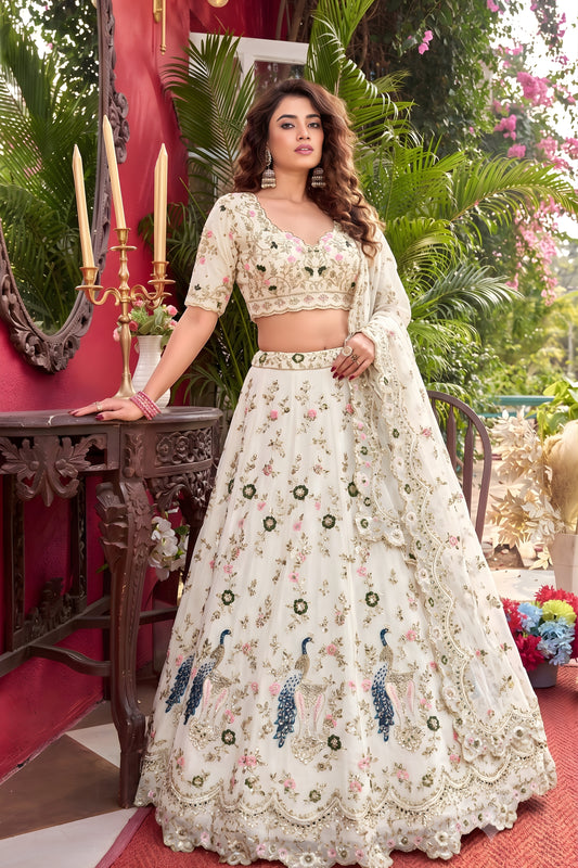 Luxury Off White Net Embroidered Lehenga Choli with Peacock Floral Thread Work and Matching Dupatta