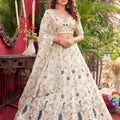 Luxury Off White Net Embroidered Lehenga Choli with Peacock Floral Thread Work and Matching Dupatta