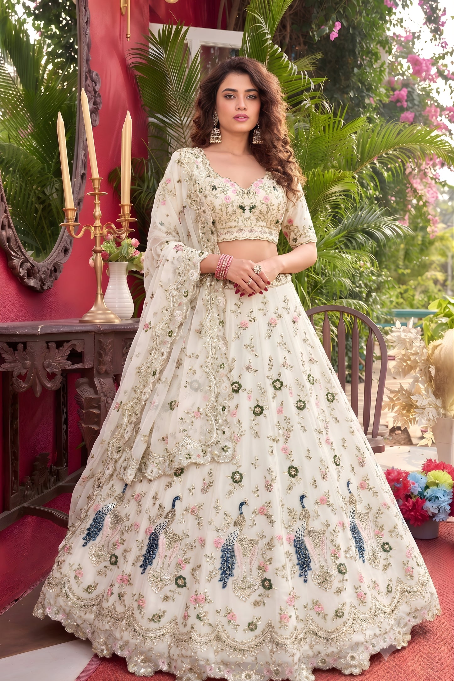 Luxury Off White Net Embroidered Lehenga Choli with Peacock Floral Thread Work and Matching Dupatta