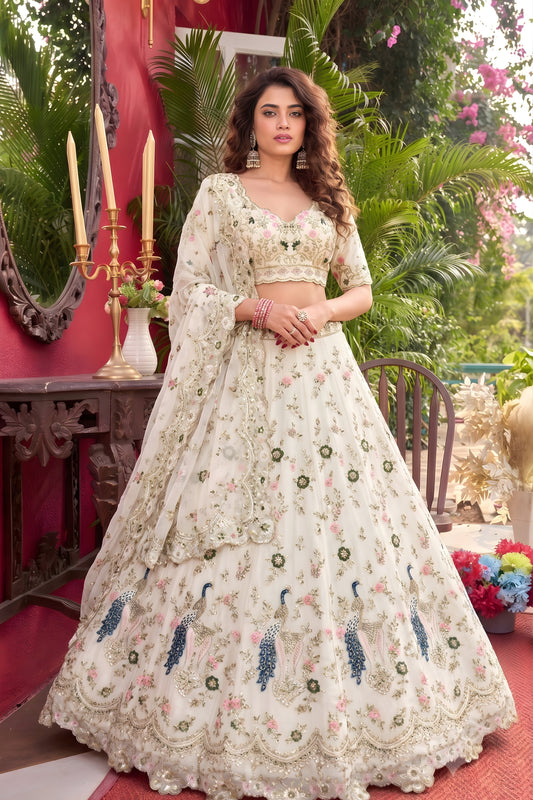 Luxury Off White Net Embroidered Lehenga Choli with Peacock Floral Thread Work and Matching Dupatta
