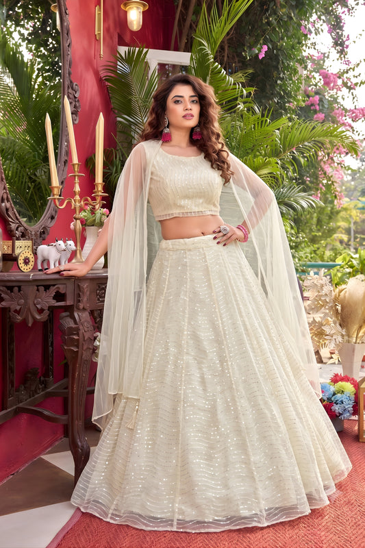 Stylish Off White Organza Silk Lehenga Choli with Sequins Stripe Work and Matching Dupatta