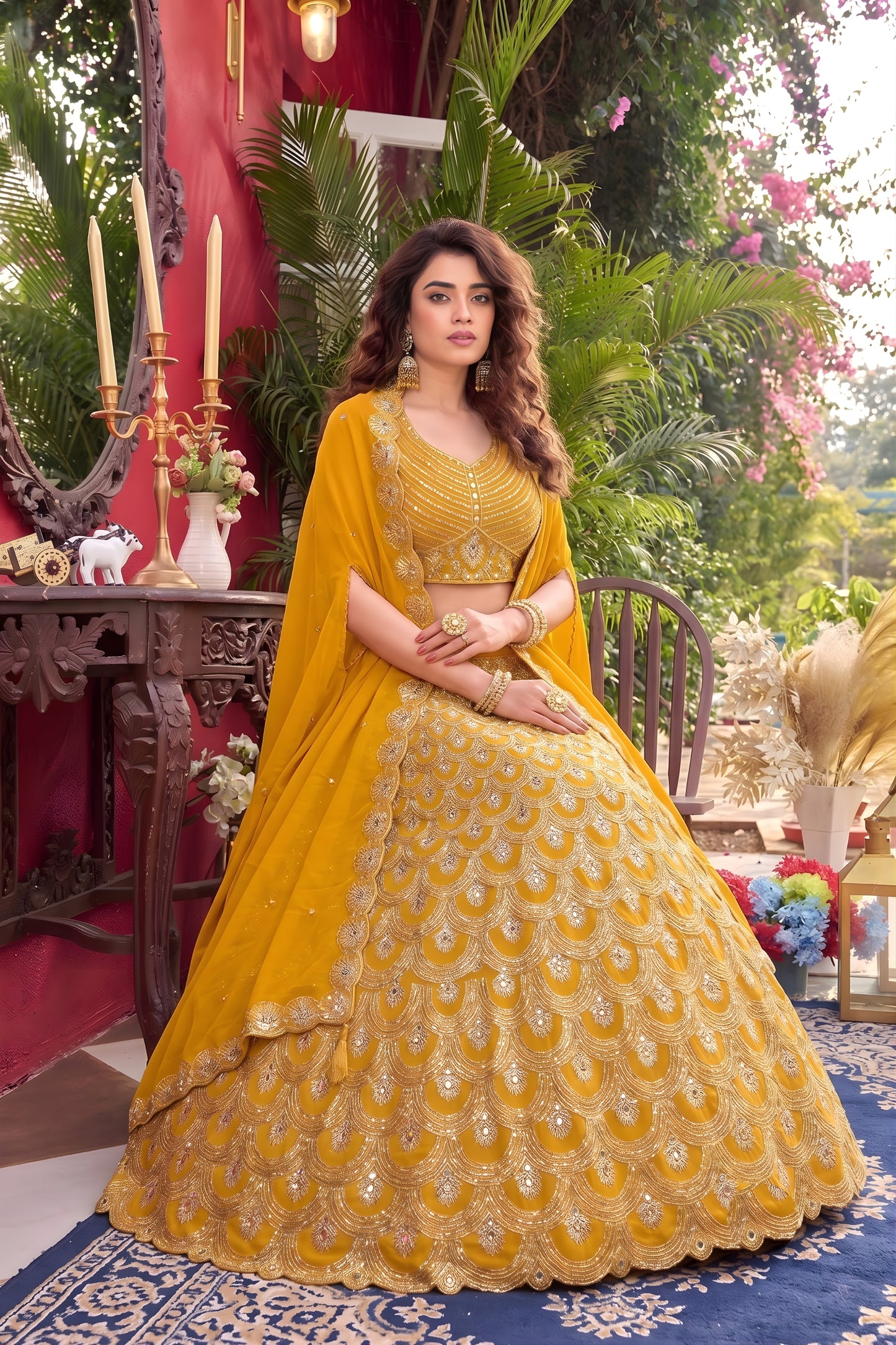 Luxury Mustard Yellow Faux Georgette Lehenga Choli with Heavy Embroidery Work and Matching Dupatta