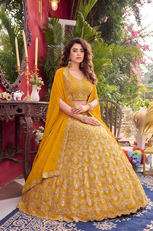 Luxury Mustard Yellow Faux Georgette Lehenga Choli with Heavy Embroidery Work and Matching Dupatta