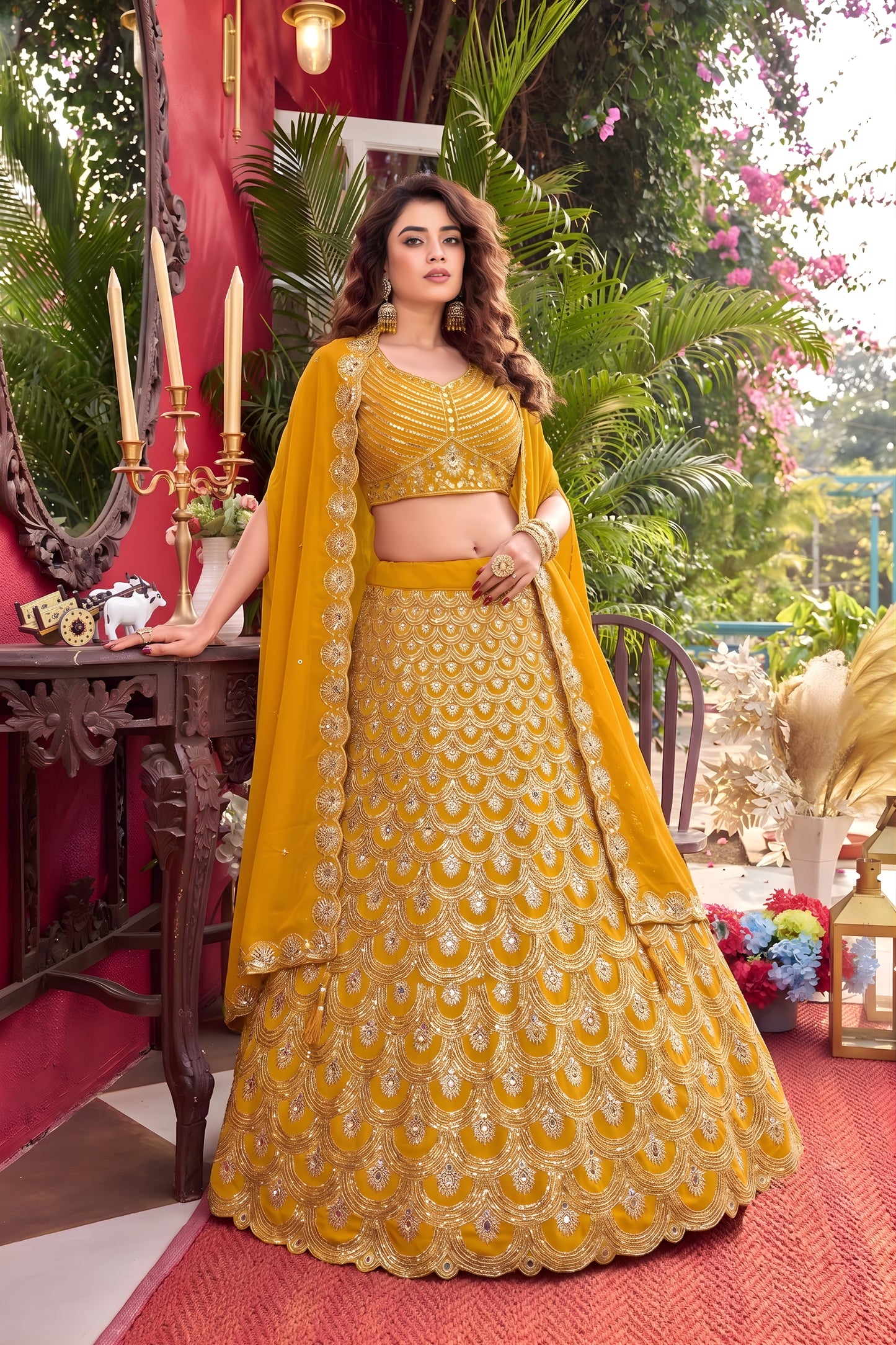 Luxury Mustard Yellow Faux Georgette Lehenga Choli with Heavy Embroidery Work and Matching Dupatta