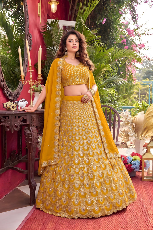 Luxury Mustard Yellow Faux Georgette Lehenga Choli with Heavy Embroidery Work and Matching Dupatta