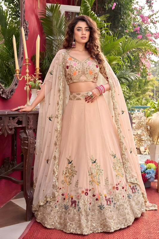 Stunning Peach Faux Georgette Embroidered Lehenga Choli with Floral Designer Work and Matching Dupatta