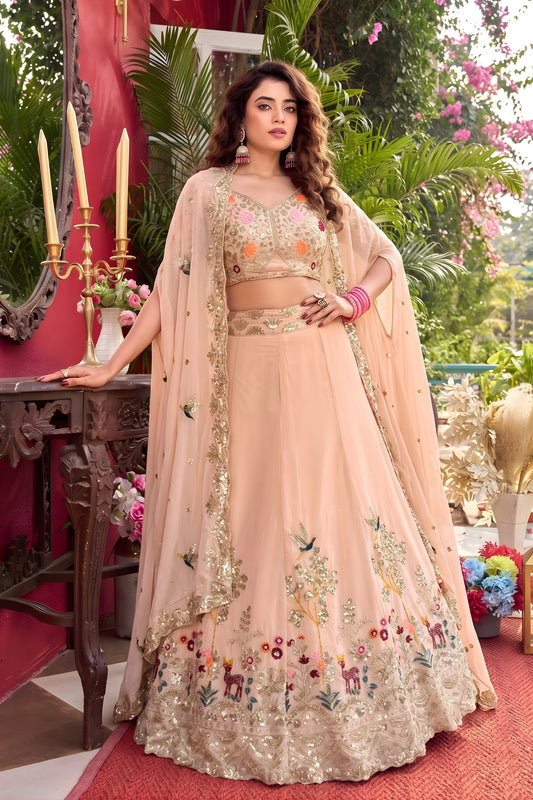 Stunning Peach Faux Georgette Embroidered Lehenga Choli with Floral Designer Work and Matching Dupatta