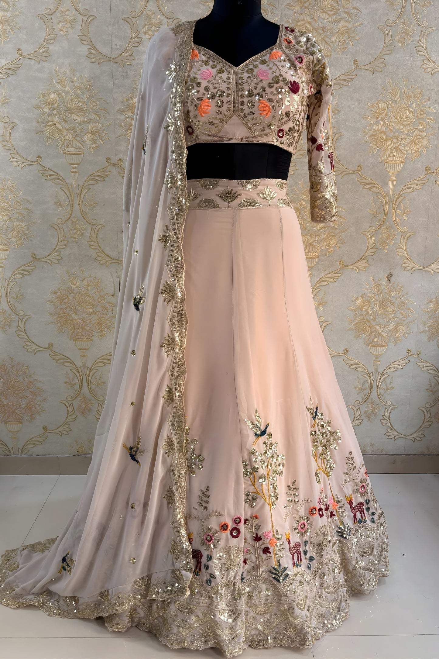 Stunning Peach Faux Georgette Embroidered Lehenga Choli with Floral Designer Work and Matching Dupatta