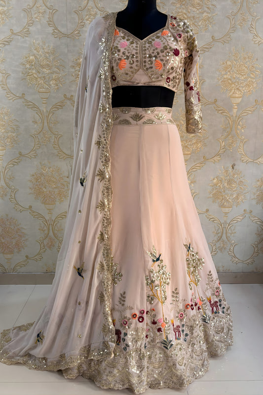 Stunning Peach Faux Georgette Embroidered Lehenga Choli with Floral Designer Work and Matching Dupatta
