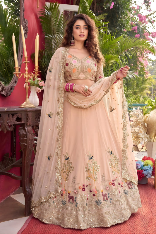 Stunning Peach Faux Georgette Embroidered Lehenga Choli with Floral Designer Work and Matching Dupatta