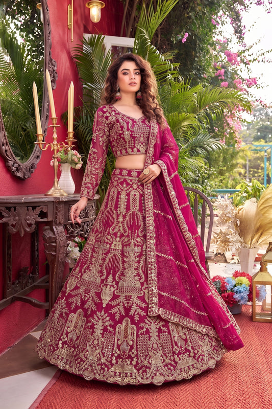 Beautiful Rani Pink Butterfly Net Lehenga Choli with Heavy Zari Embroidery Work and Matching Dupatta